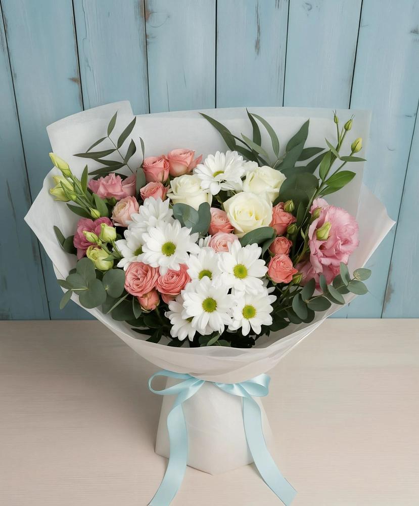 Букет цветов из: Розы, Лизиантусы и Хризантемы в Покойном