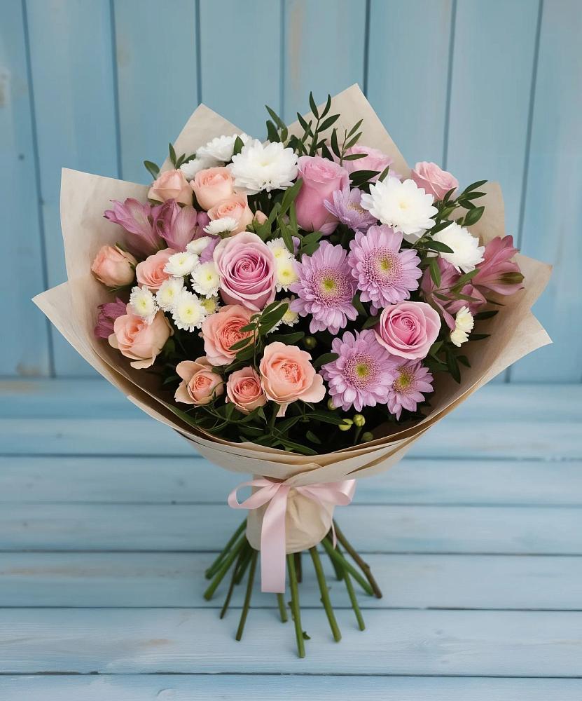 Букет цветов из: Хризантемы, Розы и Альстромерии в Покойном