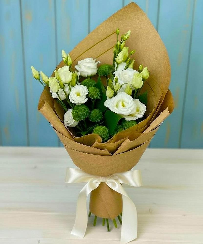 Букет цветов из: Хризантемы и Лизиантусы в Покойном