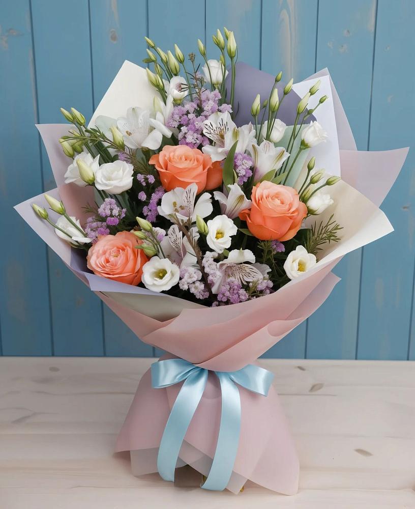 Букет цветов из: Лизиантусы, Розы, Альстромерии и Гипсофила в Покойном