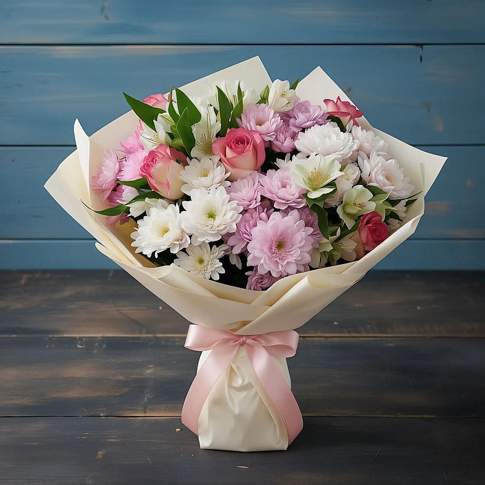 Букет цветов из: Хризантемы, Альстромерии и Розы в Покойном